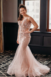 Dreamyannie Blush Prom Dress V-Neck Mermaid Tulle Formal Dress