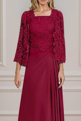 Dreamyannie Burgundy Satin Square Neck Floor Length 2 Piece Mother Of The Bride Dress With Jacket