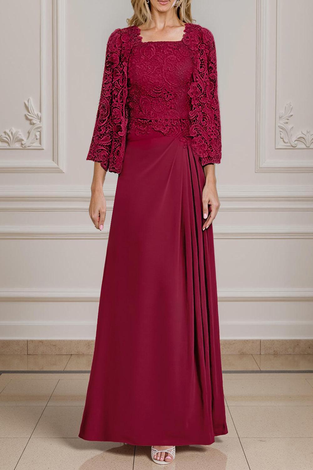 Dreamyannie Burgundy Satin Square Neck Floor Length 2 Piece Mother Of The Bride Dress With Jacket