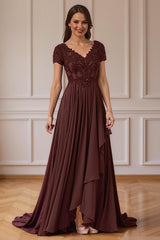 Dreamyannie Burgundy V Neck A Line Floor Length Mother Of The Bride Dress With Lace