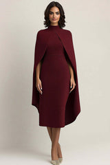 Dreamyannie Burgundy Wedding Guest Dress High Neck Sheath Formal Dress With Shawl