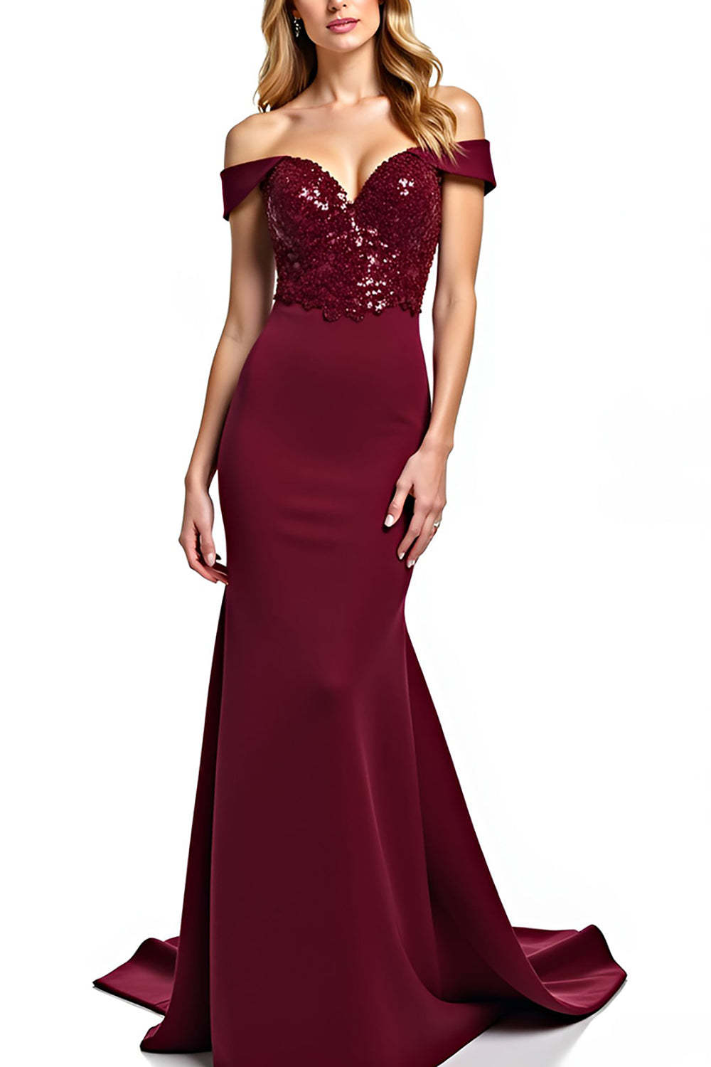 Dreamyannie Burgundy Wedding Guest Dress Mermaid Off The Shoulder Long Formal Dress With Sequins