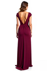 Dreamyannie Burgundy Wedding Guest Dress V-Neck Ruched Long Formal Dress With Slit