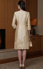 Dreamyannie Champagne Bodycon Boat Neck 2 Piece Midi Mother Of The Bride Dress With Jacket