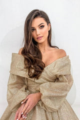Dreamyannie Champagne Prom Dress A Line Off The Shoulder Sleeves Formal Dress With Glitter