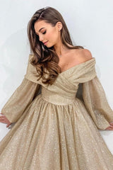 Dreamyannie Champagne Prom Dress A Line Off The Shoulder Sleeves Formal Dress With Glitter