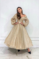Dreamyannie Champagne Prom Dress A Line Off The Shoulder Sleeves Formal Dress With Glitter