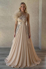 Dreamyannie Champagne Prom Dress A Line One Shoulder Beaded Sleeveless Formal Dress