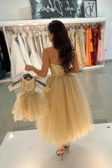 Dreamyannie Champagne Prom Dress A Line Sweetheart Sleeveless Tea Length Tulle Formal Dress With Beadings