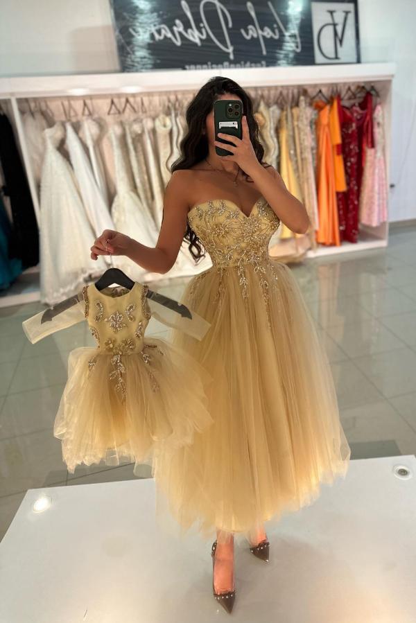 Dreamyannie Champagne Prom Dress A Line Sweetheart Sleeveless Tea Length Tulle Formal Dress With Beadings