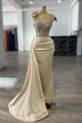Dreamyannie Champagne Prom Dress Column Spaghetti Strap Sweetheart Panel Train Satin Formal Dress
