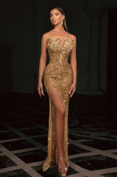 Dreamyannie Champagne Prom Dress Column Strapless Sleeveless Beaded Slit Tulle Formal Dress