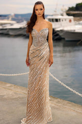 Dreamyannie Champagne Prom Dress Column Strapless Sweetheart Sleeveless Sequined Tulle Formal Dress