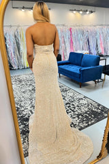 Dreamyannie Champagne Prom Dress Keyhole Mermaid Long Beaded Formal Dress With Slit