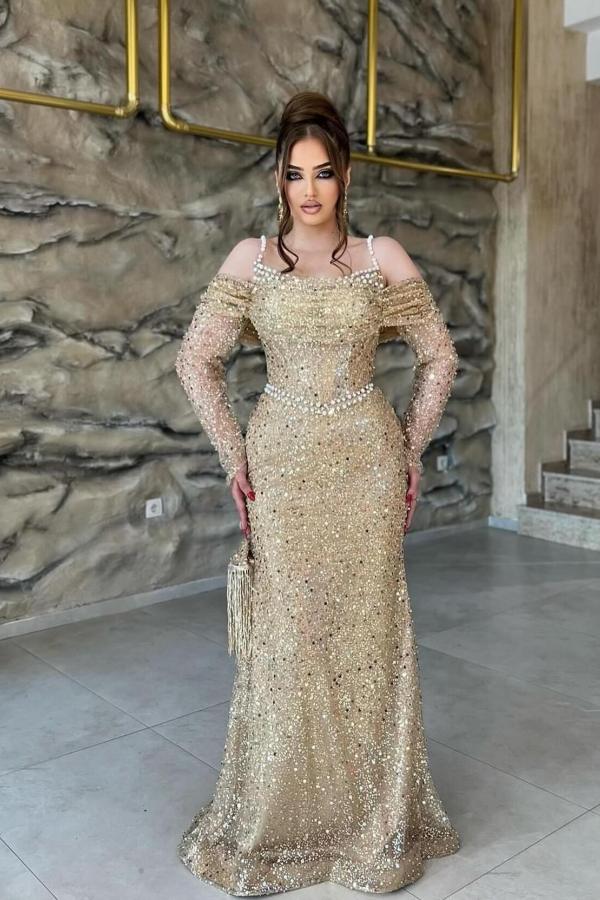 Dreamyannie Champagne Prom Dress Mermaid Off The Shoulder Sequined Tulle Formal Dress With Pearls