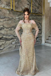 Dreamyannie Champagne Prom Dress Mermaid Off The Shoulder Sequined Tulle Formal Dress With Pearls