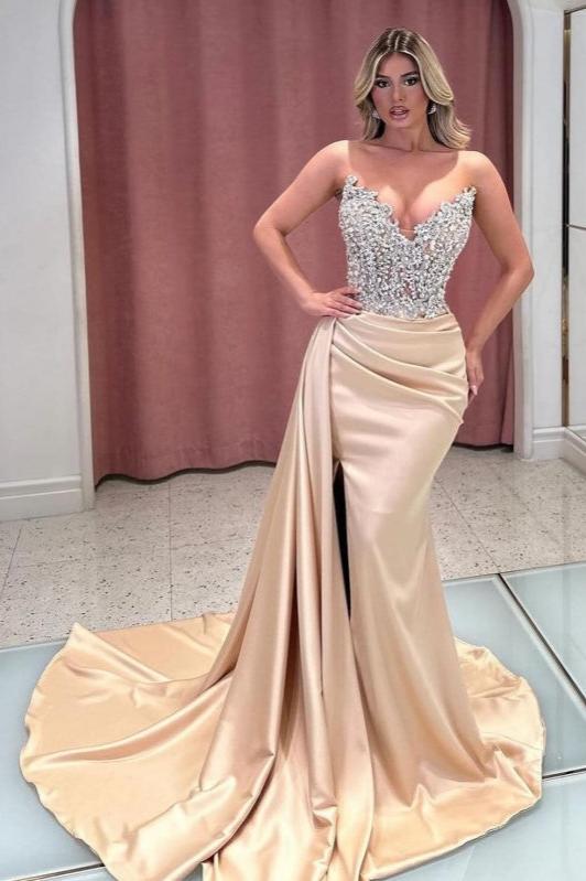 Dreamyannie Champagne Prom Dress Mermaid Strapless Jewels Formal Dress