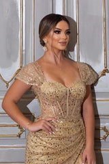 Dreamyannie Champagne Prom Dress Mermaid Sweetheart Cap Sleeves Sequined Tulle Formal Dress With High Slit