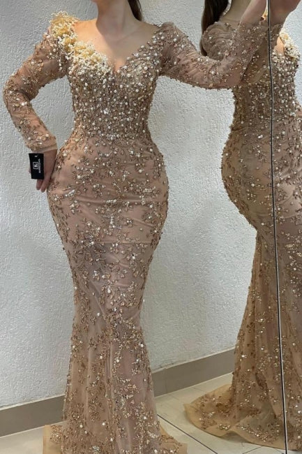 Dreamyannie Champagne Prom Dress Mermaid V Neck Beaded Sleeve Formal Dress With Pearls And Rhinestone