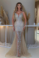 Dreamyannie Champagne Prom Dress Mermaid V Neck Spaghetti Strap Sleeveless Sequined Tulle Formal Dress