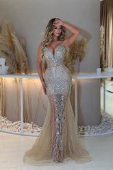 Dreamyannie Champagne Prom Dress Mermaid V Neck Spaghetti Strap Sleeveless Sequined Tulle Formal Dress