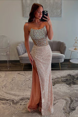 Dreamyannie Champagne Prom Dress Strapless Sheath Beaded Long Formal Dress With Slit