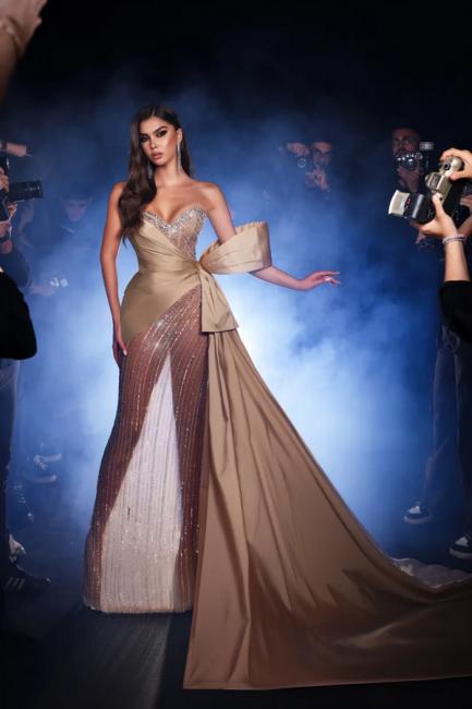 Dreamyannie Champagne Prom Dress Sweetheart Sequined Sleeveless Panel Train Satin Tulle Formal Dress With Pearls