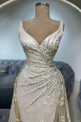 Dreamyannie Champagne Prom Dress V Neck Sequined Beaded Detachable Train Tulle Formal Dress