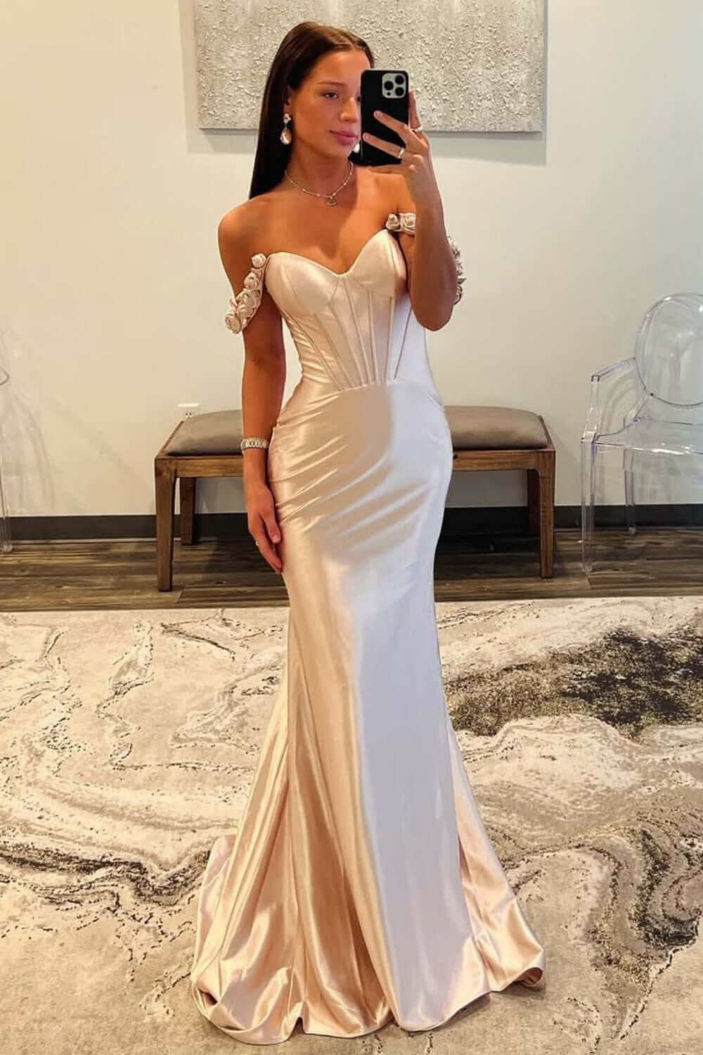 Dreamyannie Champange Prom Dress Off The Shoulder Corset Long Formal Dress