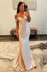 Dreamyannie Champange Prom Dress Off The Shoulder Corset Long Formal Dress