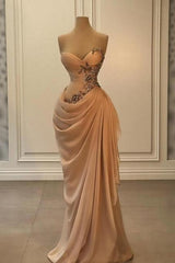 Dreamyannie Champange Prom Dress Strapless Sweetheart Satin Chiffon Sleeveless Formal Dress