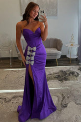 Dreamyannie Chic Purple Prom Dress Corset Sweetheart Mermaid Formal Dress With Slit