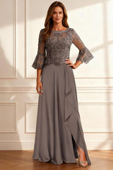 Dreamyannie Coffee Beaded Ruffled A Line Floor Length Mother Of The Bride Dress With Lace
