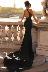 Dreamyannie Column Satin Prom Dress High Neck Sleeveless Black Formal Dress With Beading