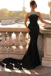 Dreamyannie Column Satin Prom Dress High Neck Sleeveless Black Formal Dress With Beading