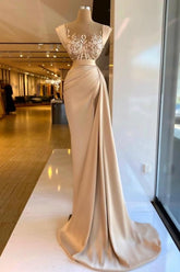 Dreamyannie Column Satin Prom Dress Sleeveless Formal Dress With Lace And Pearls