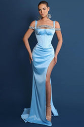 Dreamyannie Column Satin Prom Dress Square Neck Formal Dress With Slit