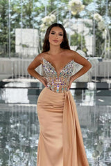 Dreamyannie Column Satin Prom Dress V Neck Sleeveless Formal Dress With Beading