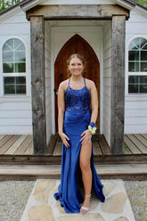 Dreamyannie Column Satin Scoop Sleeveless Blue Prom Dress Formal Dress With Appliques Slit