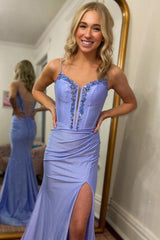 Dreamyannie Column Satin Spaghetti Straps Sleeveless Formal Dress With Beading Slit
