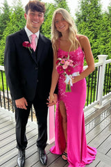 Dreamyannie Column Satin Spaghetti Straps Sleeveless Pink Prom Dress Formal Dress With Appliques Slit