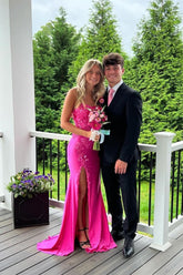 Dreamyannie Column Satin Spaghetti Straps Sleeveless Pink Prom Dress Formal Dress With Appliques Slit