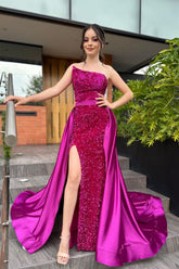 Dreamyannie Column Satin Strapless Sleeveless Pink Prom Dress Formal Dress With Sequined Split