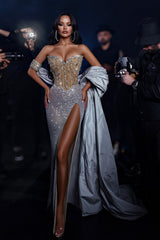 Dreamyannie Column Sweetheart Sleeveless Sequined Slit Tulle Formal Dress With Rhinestones