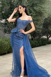 Dreamyannie Column Tulle Lace Off The Shoulder Sleeveless Blue Prom Dress Formal Dress With Slit
