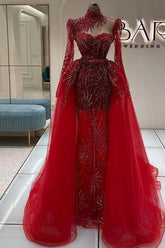 Dreamyannie Column Tulle Prom Dress Lace Sweetheart Sleeve Red Formal Dress With Panel Train