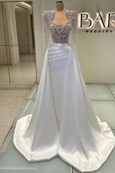 Dreamyannie Column Tulle Satin Wedding Dress Sweetheart Sleeve Formal Dress Panel Train With Rhinestone