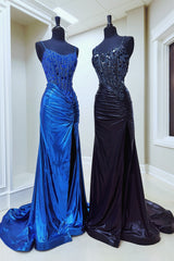 Dreamyannie Copper Sequined Mermaid Spaghetti Straps Long Formal Dress With Slit