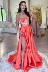 Dreamyannie Coral Strapless Prom Dress A Line Beaded Sleeveless Panel Train Satin Formal Dress With High Slit
