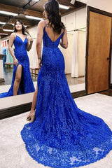 Dreamyannie Corset Long Royal Blue Prom Dress Mermaid Lace Formal Dress With Slit